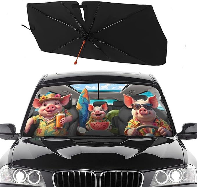 Socira Funny Pig Car Windshield Sunshade Umbrella Foldable Umbrella Sun Shade Windshield Cover Cute Pig Sunshade Car Accessories Blocks Uv Rays Keeps Cool (57" X 30")