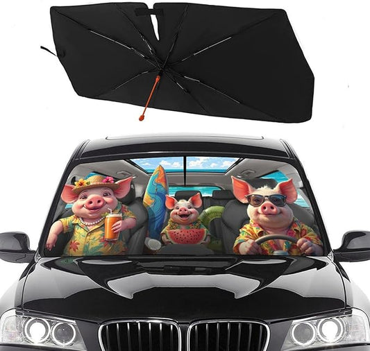 Socira Funny Pig Car Windshield Sunshade Umbrella Foldable Umbrella Sun Shade Windshield Cover Cute Pig Sunshade Car Accessories Blocks Uv Rays Keeps Cool (57" X 30")