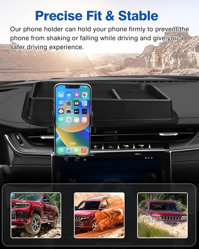 Autorder Phone Holder Mount for Jeep Grand Cherokee 2022 2023 2024 2025/Grand Cherokee L 2021 2022 2023 Center Console Dashboard Organizer with Phone Stand with Anti-Slip Mat