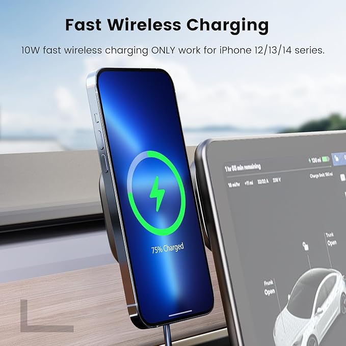 Fast Charging Wireless Car Charger Mount, Magnetic Foldable Car Phone Holder for Tesla Model 3/Y Designed for MagSafe Compatible with iPhone 12/13/14 Series