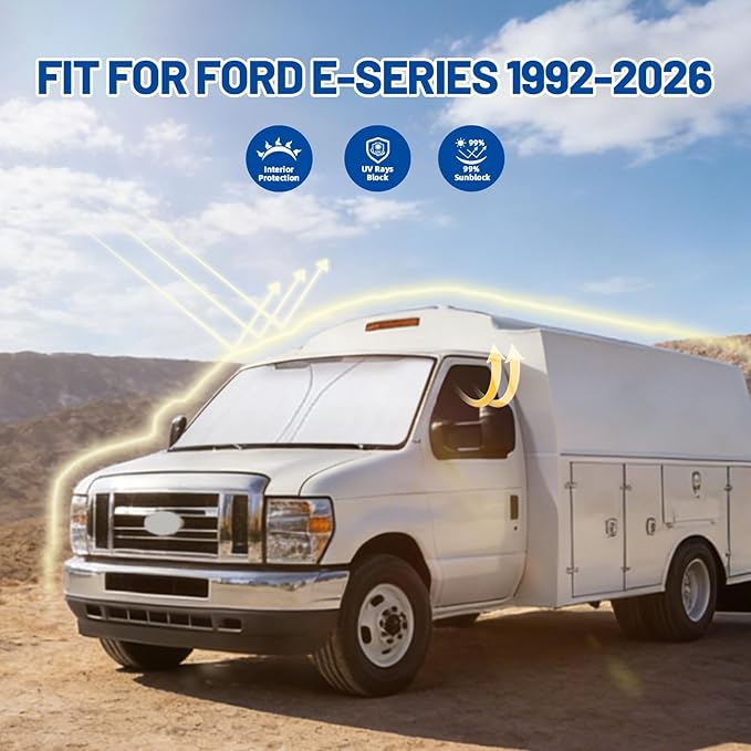 for Fo-rd E-Series 1992-2026 Front Windshield & Side Window Covers, Foldable 3-Piece Window Shades Set, Custom Fit Sunshade Visor for UV Rays & Heat Block, Cargo Van Accessories