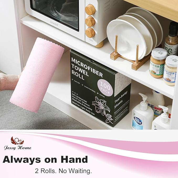 Jessy Home 2 Roll Reusable Paper Towels,100 Sheets Tear Away Microfiber Cleaning Cloth, Lint Free Cleaning Rags for Kitchen, Dishcloth,Household Cleaning Supplies