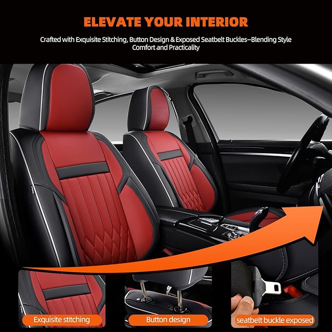 KEYOOG 2-Seater Waterproof and Breathable Nappa Leather Car Seat Covers Full Set, Fit for Front Seats of Cars, Compatible with Airbags, Car Seat Protector Covers for Most Cars - Black Red
