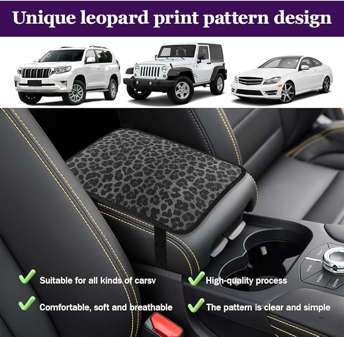 Leopard Cheetah Print African Animal Hunting Auto Center Console Armrest Pad, Car Center Console Cover, Auto Accessories Soft Comfort Armrest Cover Cushion Mat for Most Cars (Black leopard print)