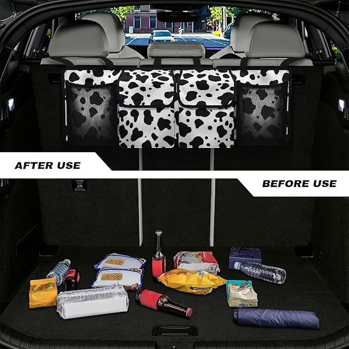 Black Cow Spots Auto Hanging Seat Back Storage Car Organizer Large Capacity Collapsible Cargo Bag,Sturdy Space Saving Expert