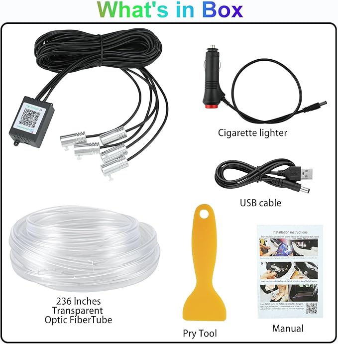 YUGUANG Interior Car Lights Strip APP Control, 5 in 1 Multicolor Music Sync RGB LED Car Ambient Lighting Kit with 236 inches Fiber Optic