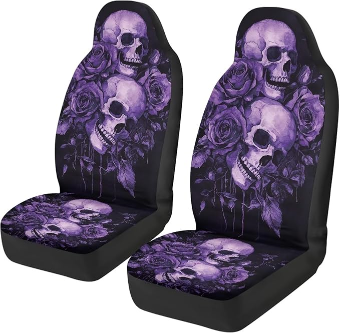 Purple Skull Rose Car Front Seat Covers Elastic Fabrics Universal Front Seat Cover Removable Automotive Accessories Easy Installation Suitable for Cars, SUV and Trucks