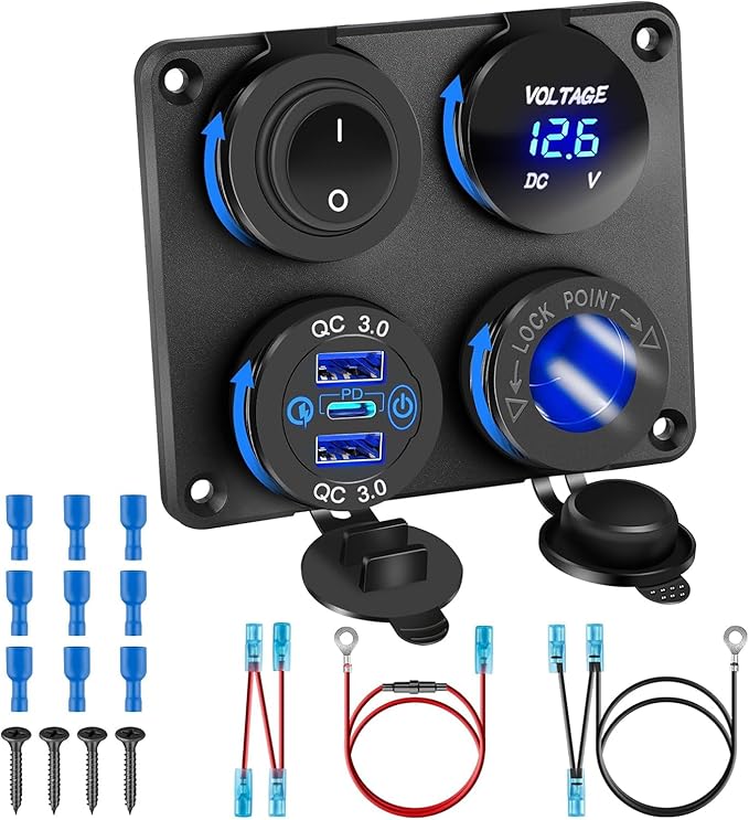 12V USB Charger Panel with PD 30W Ports& Dual QC3.0 18W: 4 in 1 Aluminum Waterproof RV USB Outlet, 150W Cigarette Lighter Socket, LED Voltmeter, Rocker Switch for Boat, Camper, Truck, Accessories