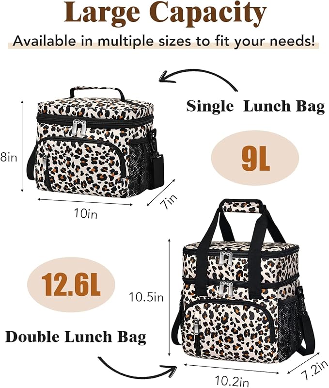 Insulated Lunch Bag for Women, Double Leakproof Lunch Box Soft Cooler Tote with 5 Pockets, 600D Oxford, EVA Lining, Adjustable Strap for Work, Picnic, Beach&Travel-Leopard Print
