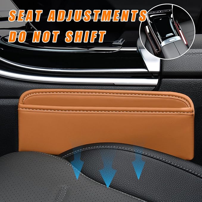 Ziciner Car Seat Gap Organizer, Premium Leather Auto Seat Storage Box, Vehicle Adjustable Front Seat Gap Filler, Car Seat Side Pocket Organizer for Phones, Glasses, Keys, Money, Cards (Khaki)