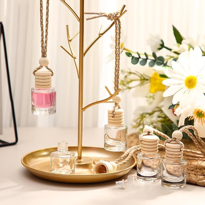 BBTO 200 Pcs Hanging Car Diffuser Bottles Bulk, Empty Clear Glass Air Freshener Bottles with Wooden Cap for Perfume Essential Oils Fragrance Aromatherapy Ornament(Cylinder)