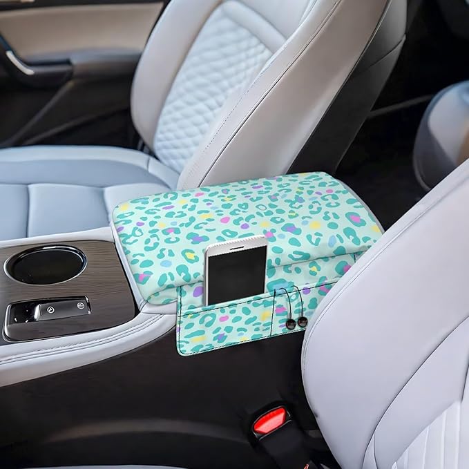 Dreaweet Teal Leopard Print Arm Rest Cover for Car Women Thick Center Console Cover Pad with Pockets Cheetah Print Car Accessories Anti-Scratch Armrest Cover for SUV Sedan