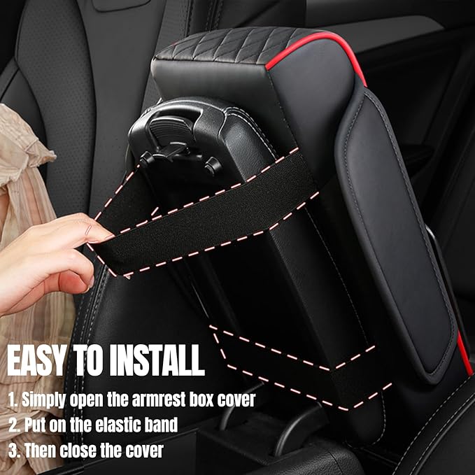 Hovom Car Center Console Cover, 13.39"×7.87"×2.76" Leather Armrest Cover for Cars, Memory Foam Armrest Pillow with Pocket, Cup Holder & Phone Slot, Universal Vehicle Arm Rest Cushion Pad (Black+Red)