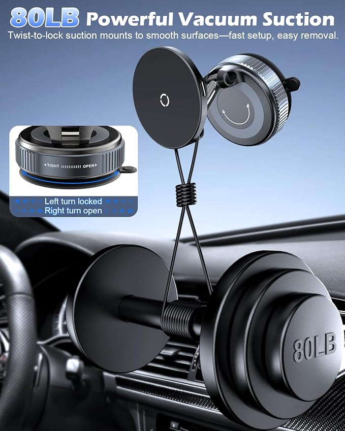 CloudValley 15W Fast Wireless Charger Car Phone Mount, Vacuum Suction Cup Magnetic Phone Holder Design for MagSafe iPhone 17/16/15/14/13/12, 360° Adjustable & Foldable Stand for Dashboard/Windshield