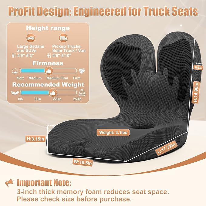 Car Seat Cushion with Lumbar Support for Long Driving Truck RV, 3" Lift Breathable Ergonomic Memory Foam Cushion for Hip, Coccyx, Sciatica, Tailbone & Lower Back Support Vehicles Office Chair (Black)