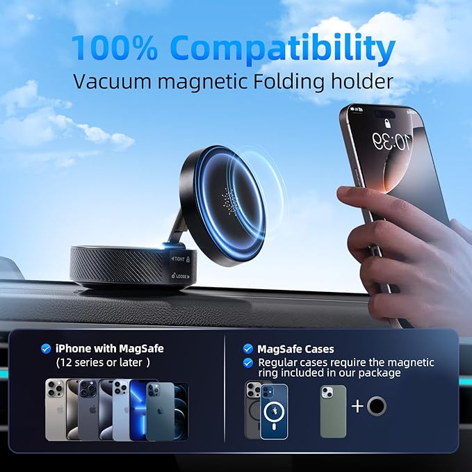 Vacuum Magnetic Car Phone Holder,360° Adjustable Vacuum Suction Cup Phone Mount for MagSafe Cell Phone Holders for Your Car/Gym/Mirror Mount for iPhone & Android