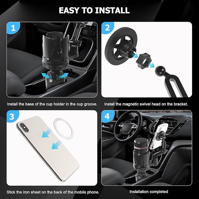 Frani Car Cup Holder Expander with Magnetic Phone Mount - Adjustable Insert Fits 2.68-4.33" Holders, 360° Adjustable Neck & Strong N52 Magnets for iPhone Samsung