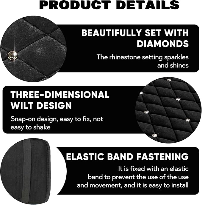 Bling Car Center Console Cover, Soft Fluffy Armrest Seat Box Cushion Pad, Crystal Diamond Arm Rest Protection Mat, Automotive Interior Decoration Accessories for Most Vehicles (Black)