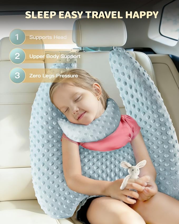 Memory Foam Kids Travel Pillow, Car Pillow for Kids, H-Shape Car Pillows for Sleeping, Removable Pillowcase, Adjustable, Velvet Dots, Blue