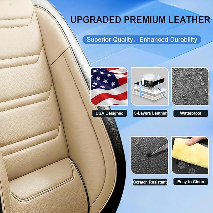 Fit CX-3 Car Seat Covers for Mazda CX3 2016-2024, Full Coverage Leather, Airbag Compatible & Scratch-Resistant, Waterproof All Weather Seat Protector, Full Set, Black+Beige