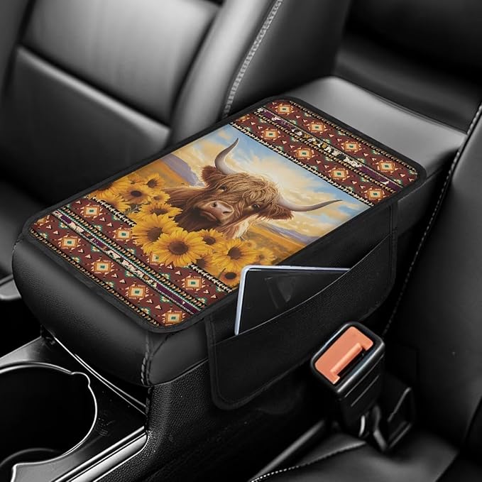Aztec American Tribal Print Car Armrest Cover Cattle Sunflower Design Middle Console Cover Breathable Vehicle Armrest Cover Pad Armrest Seat Box Cover Protector
