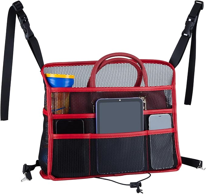 eing Car Seat Organizer Seat Back Storage Bag, Car Net Pocket Handbag Holder, Barrier of Backseat Dog Pet Kids for Car, Automotive Consoles Purse Holder, Black+Red Line