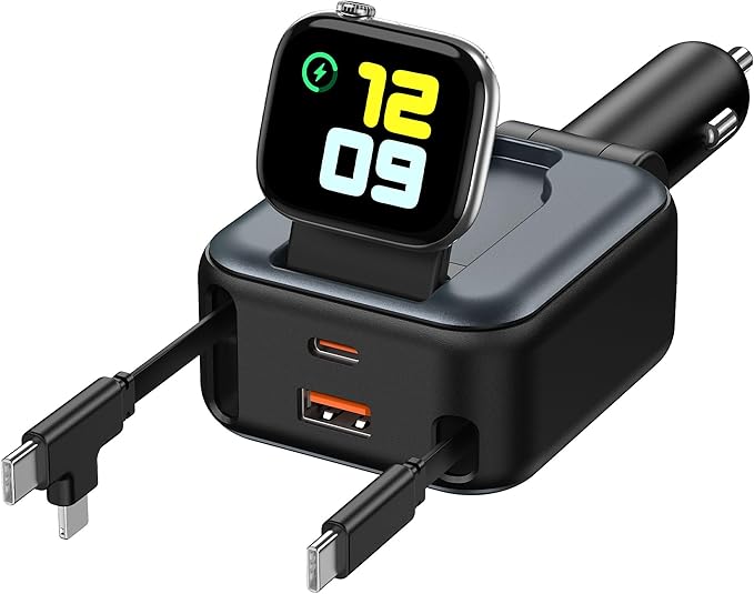 6 in 1 Retractable Car Charger, 100W USB C + USB A Fast Charging for iPhone 17/16/15/14/13/12/11, iWatch, Android, Travel Essentials Car Accessories, Gift for Men & Women (Grey)
