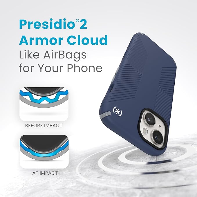 Speck iPhone 15 Case - Drop Protection, Grip - for iPhone 15, iPhone 14, iPhone 13 - Scratch Resistant, Soft Touch 6.1 Inch Phone Case - Presidio2 Grip Coastal Blue/Dust Grey/White