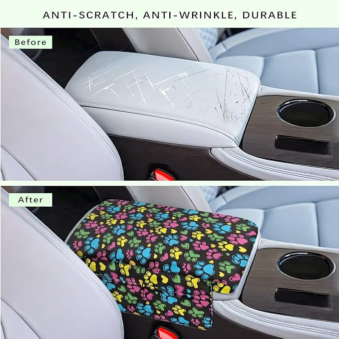 Dreaweet Colorful Dog Paw Center Console Armrest Pad Cover Cute Car Accessories for Women Middle Console Covers with Pockets Soft Anti-Scratch Car Armrest Storage Box Mat
