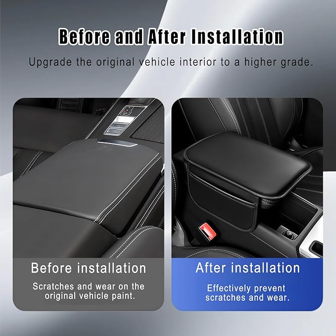 Car Center Console Cover, Leather Arm Rest Cover for Car, Middle Console Cushion with 2 Storage Bags, Universal Auto Interior Accessories for Most Trucks SUVs Sedans (Black)