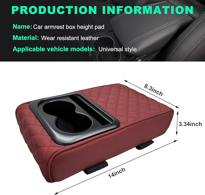 Car Center Console Armrest Pillow, Memory Foam Auto Armrest Box Cover with Cup Holder & Phone Holder, Waterproof Leather Arm Rest Protector Cushion, Interior Car Accessories (Diamond, Wine Red)