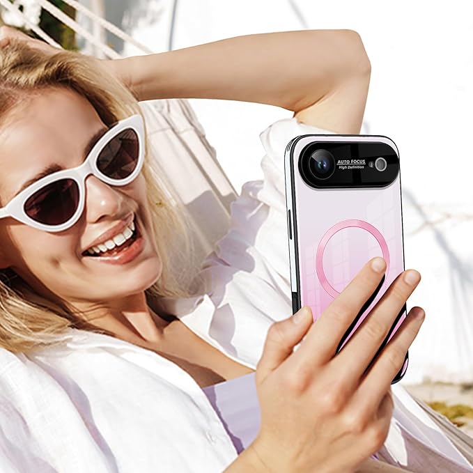 Guppy Compatible with iPhone Air Magnetic Case, with Full Camera Lens Protector [Compatible with MagSafe] Scratch Resistant Gradient Glass Back Cover Phone Case-Pink