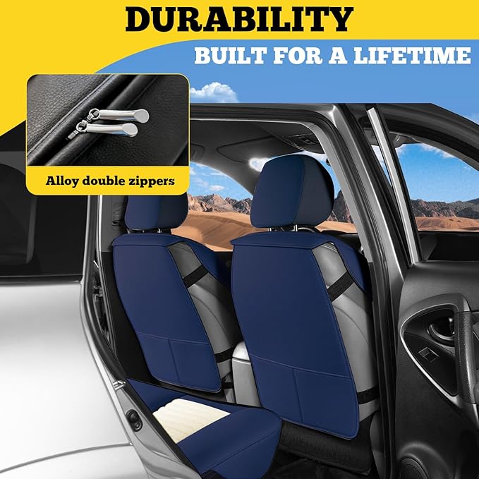 LINGVIDO Full Set Car Seat Covers, Faux Nappa Leather, Airbag Compatible and Waterproof Protectors for Sedans SUVs, Breathable Interior for Active Families, Pets, and Commuters (5 Seats, White/Blue)