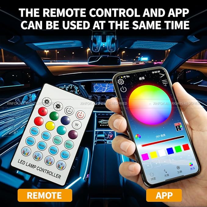 Ambient Lighting Car Led Lights Interior with APP, USB Powered Acrylic Neon Flexible Strip Fiber Optic LED Ambient Lighting kit,4 in 1 Car Center Console Dashboard RGB Sound Active Music Lights Sync
