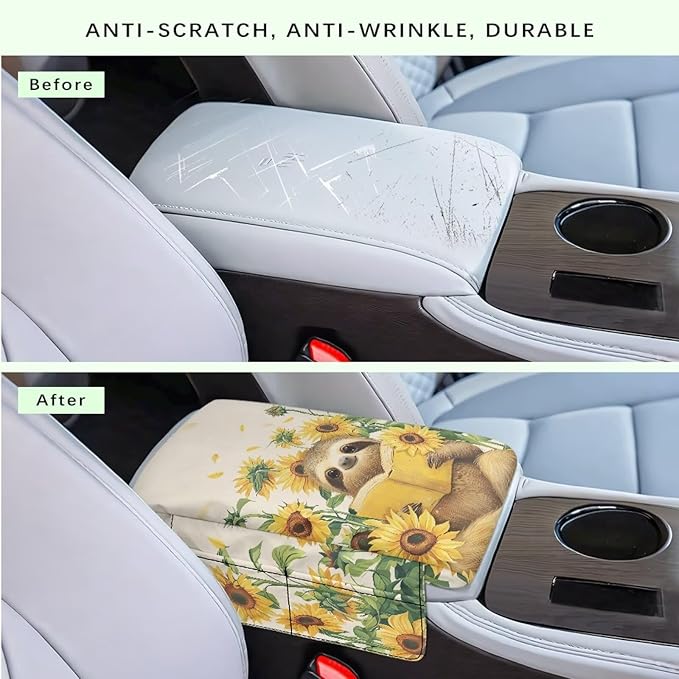 Dreaweet Car Console Covers with Pockets Cute Sunflower Sloth Arm Rest Cover for Car Women Thick Car Armrest Cushion Pad Universal Fit Most Vehicle SUV Trucks Sedan Van