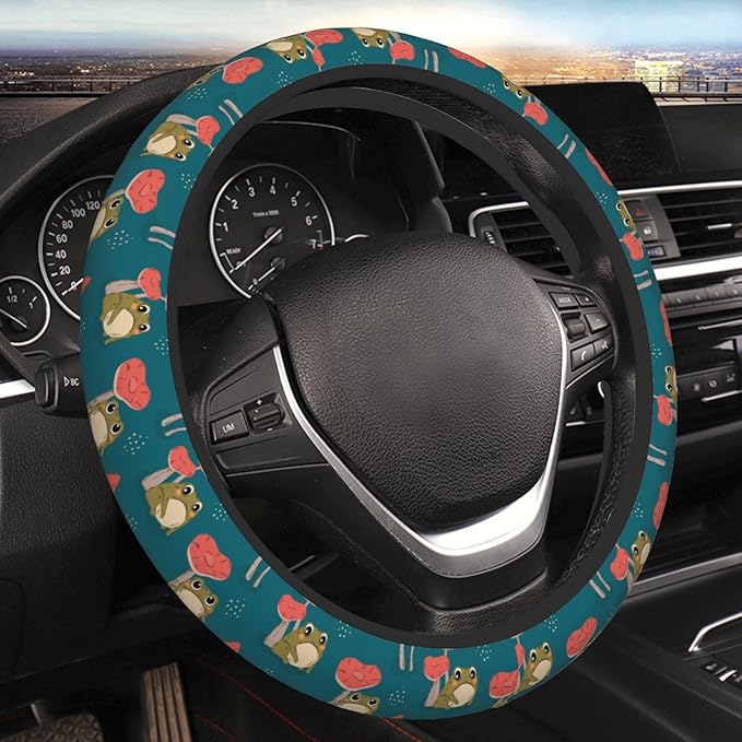 Mushroom Frog Steering Wheel Cover Women Men Elastic Stretch Soft Car Wheel Protector Universal Breathable No-Slip Car Accessories for Truck Van SUV Auto Fit 14-15 Inches