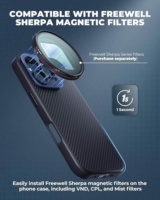 FREEWELL Pro Filmmaker Case for iPhone 15 Pro - 17mm Lens Slot & Magnetic Filter Support Black