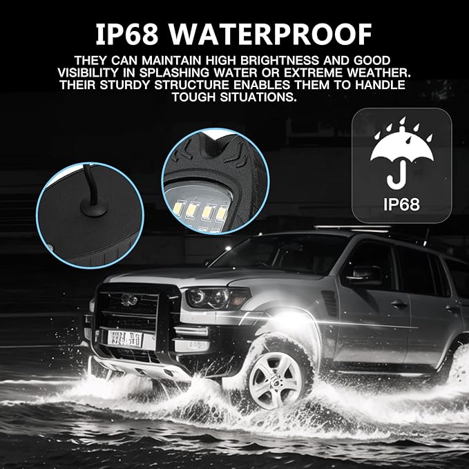 16 Pods Pure White LED Rock Lights, IP68 Waterproof Aluminum 6500K Bright White Underglow Light with Extension Cord Harness,12V Metal Fender Lights for Trucks Off Road UTV ATV Car Golf Trailer Etc