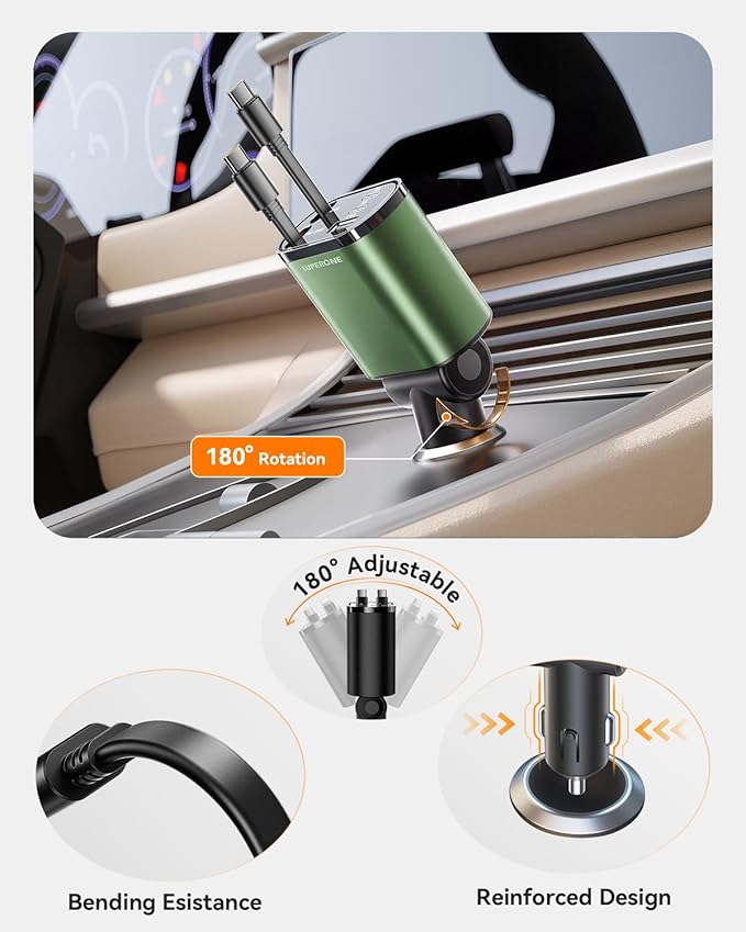 SUPERONE 5 in 1 Retractable Car Charger with Dual Type C Cables, 90W Fast Charging USB C Car Accessories Adapter for iPhone 17/16/15/14/13/12, iPad, Galaxy, Pixel