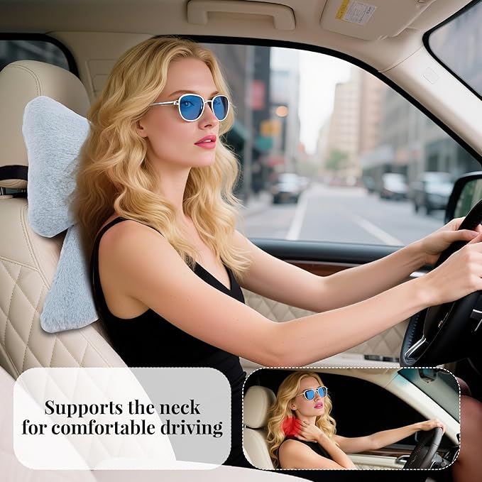 Bow Car Headrest Pillows Plush Car Neck Pillows for Travel Driving Office Chair Head Support Cushions, Also Cute Car Decor Accessories (2PCS Blue)