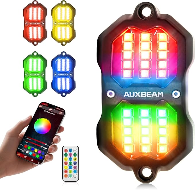 Auxbeam 4 Pods RGB LED Rock Lights, Bluetooth& Remote Control Multi Color-Changing Wheel Well Lights w/Brake Mode, Music & Voice Sync Underglow for Trucks UTV Car Boat Waterproof, 1 Year Warranty