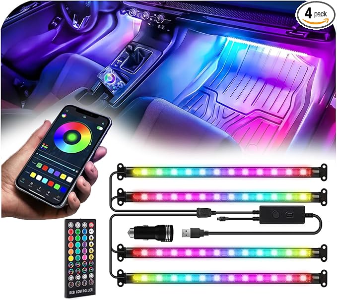 Led Lights for Car Accessories Interior, RGB+IC 48 LED Car Interior Light, 16 Million Colors Strip Light, APP Remote Control with USB Port Color Change Under Dash Lighting for SUVs, Trucks