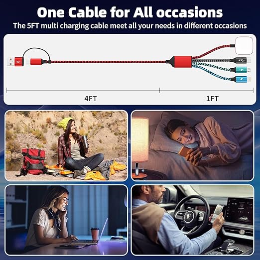 Travel Essentials 4in2 Multi Charging Cable for iPhone Watch Charger,USB A/C to Type C/iWatch Charger/IP/Micro,Travel Chargers for Multiple Device Compatible with iWatch Series&Phone 17-12/Android 5FT
