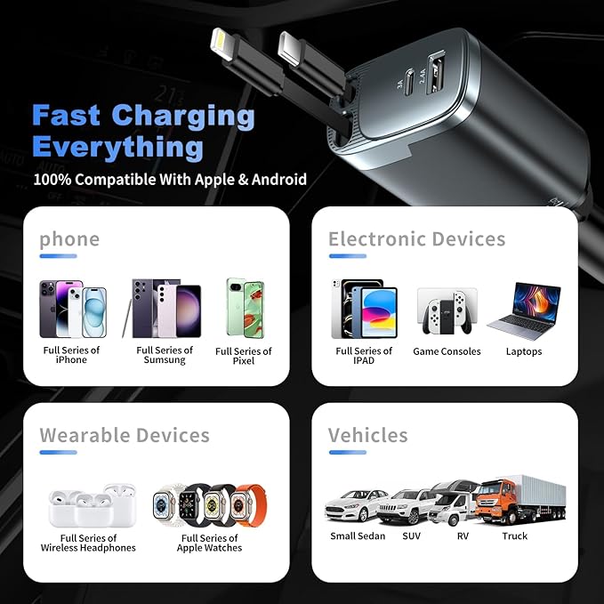 Retractable Car Charger 4 in 1, Car Charger USB C Fast Charge 84W Cigarette Lighter USB Charger, Travel Essentials Car Accessories Gifts for Men Women for iPhone 17 16 15 14 13 12 Pro Max, Samsung