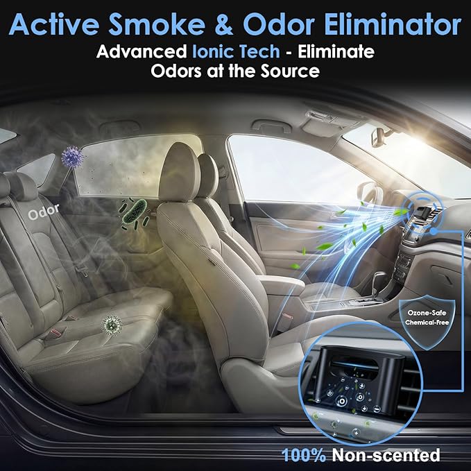 Odor Elimination Unscented Car Air Purifier: 100% Filter-Free Advanced Ionizer for Smoke ＆ Pet Odors - Silent & Compact - Universal Vent Clip Car Deodorizer by Yakry