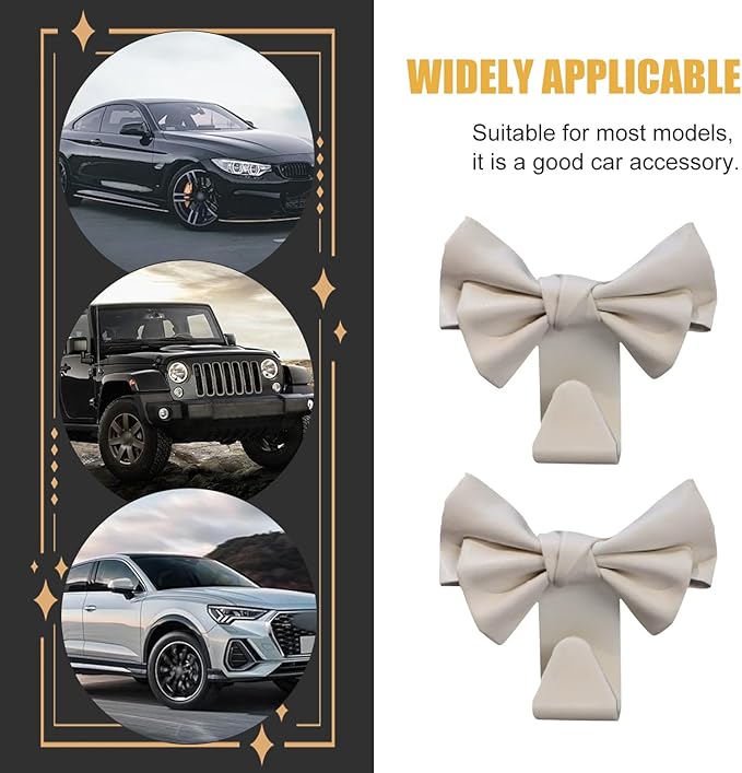 2 Pack Car Seat Headrest Hooks, Cute Bow Design Backseat Hook Storage Organizer for Purses, Handbags, Coats, Umbrellas, Cute Car Accessories for Women and Girls (White Leather)