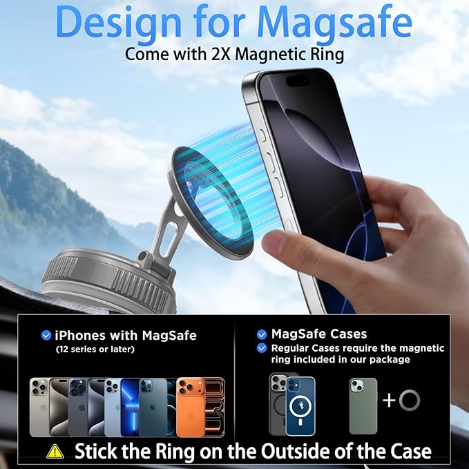 JKSML Magnetic Car Phone Holder [98LBS Strongest Suction & 2800gf Magnetic] 360° Adjustable Foldable Car Mount for Magsafe, Versatile for Car/Gym/Mirror Mount/Daily Stand, for iPhone&Android, Sliver