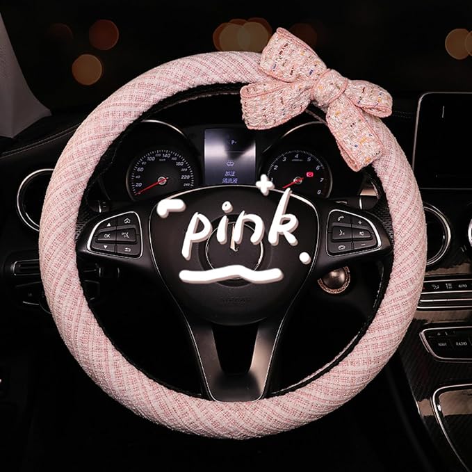 Bow Tie Cute Pink Plaid Steering Wheel Cover Women 14.9" Girly Steering Wheel Cover Fit for Sedans Cars (Pink)