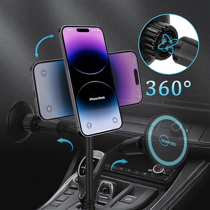 Magnetic Cup Holder Phone Holder for Magsafe, 360° Adjustable Long Gooseneck & Powerful N54 Magnet Cell Phone Mount for Car Compatible with iPhone & Samsung & All Smartphones
