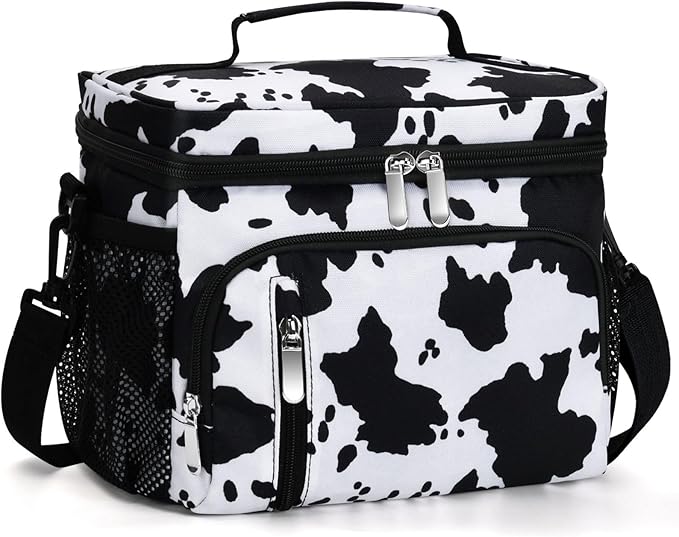 Insulated Lunch Bag for Men & Women, 9L Leakproof Lunch Box Soft Cooler Tote with 5 Pockets, 600D Oxford, EVA Lining, Adjustable Strap for Work, Picnic, Beach&Travel-Cow Print